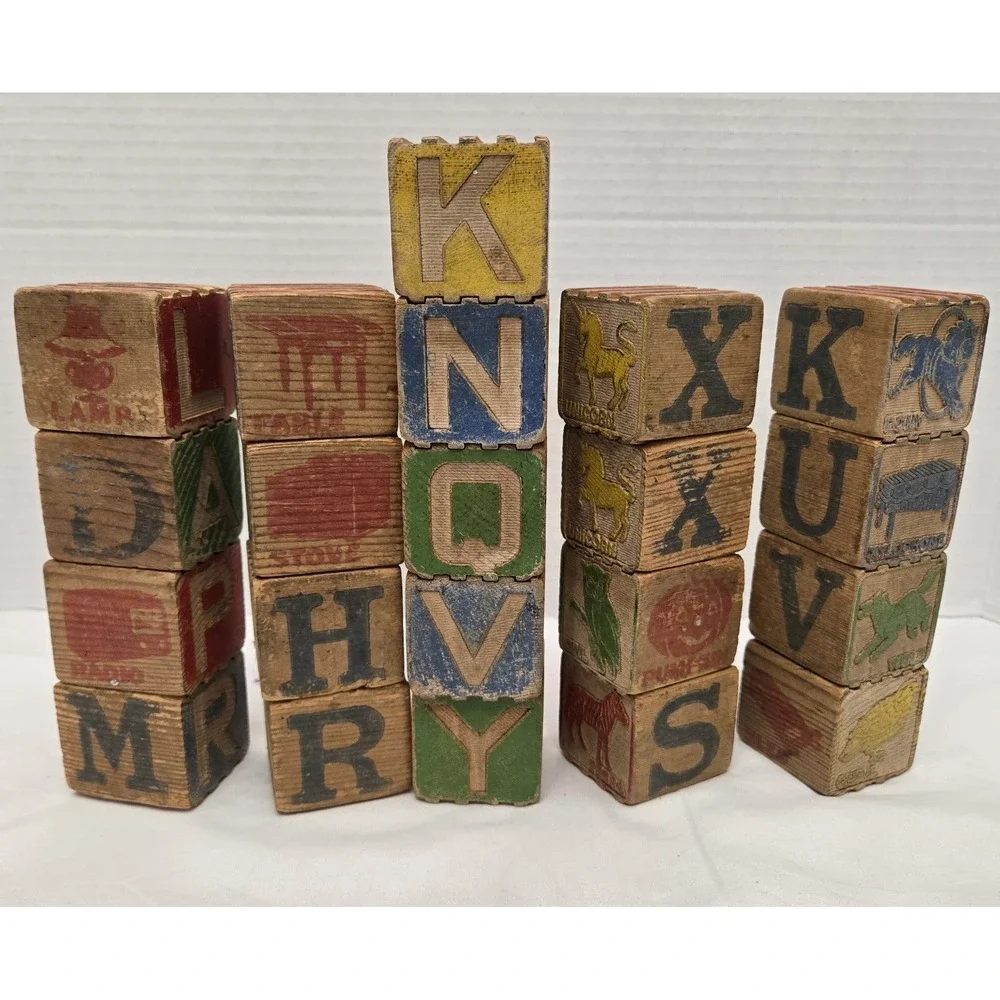Vintage Playskool Pull Along WAGON with 21 Alphabet Wooden Blocks ABC 1950s